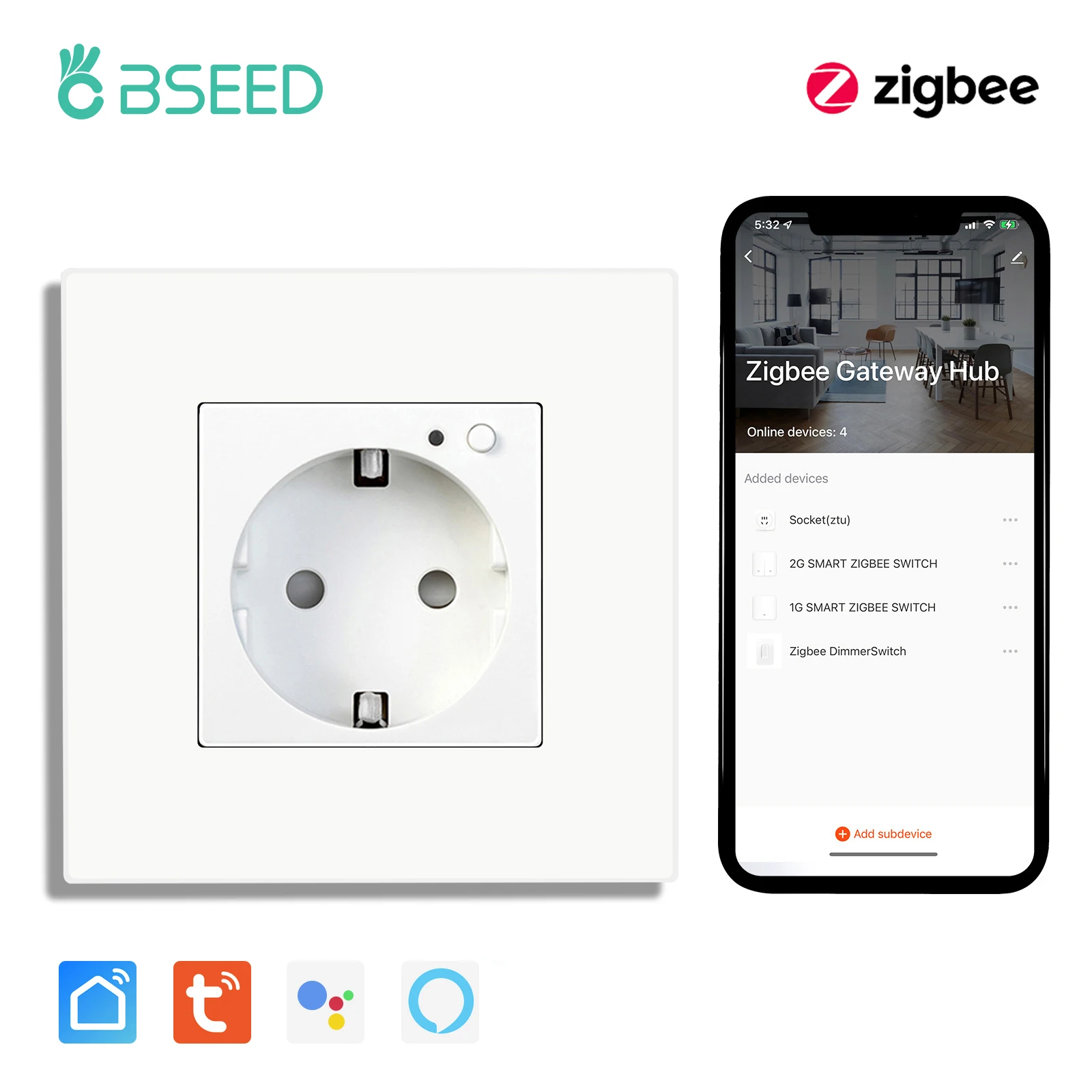 Умная розетка BSEED ZigBee двойная  синяя подсветка
