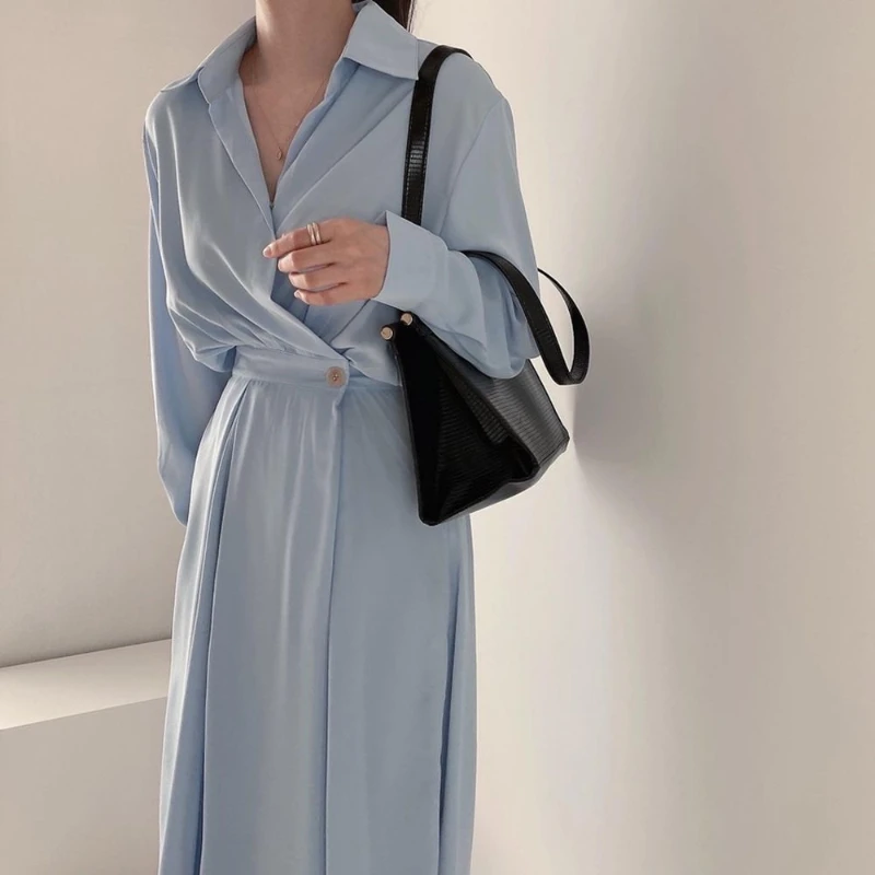 

Turn Neck Shirt A Line Dress Button Long Sleeve Chic Design Korean Casual Office Maxi Robe Spring 2022 Autumn Blue Women Jurk