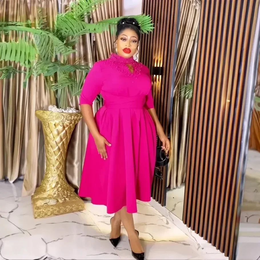 African Party Evening Dresses for Women Elegant 2024 Spring Half Sleeve Solid Color Midi Dress Dashiki Africa Clothing