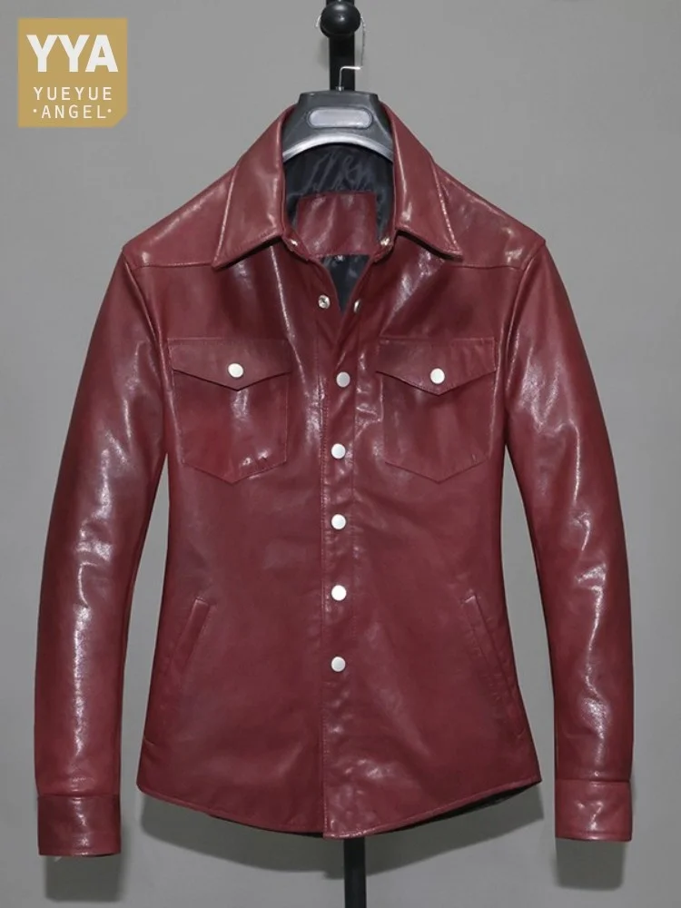 

Leather Spring Autumn Men Genuine Jacket Slim Fit Leisure Single Breasted Wine Red Vintage Tops Classic Real Sheepskin Outerwear