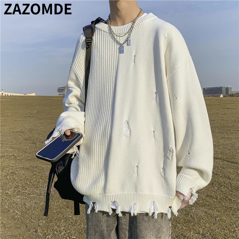 

Мужской свитер в уличном стиле, корейская мода 2022, новая однотонная рваная одежда с кисточками и круглым вырезом, топы на весну и осень