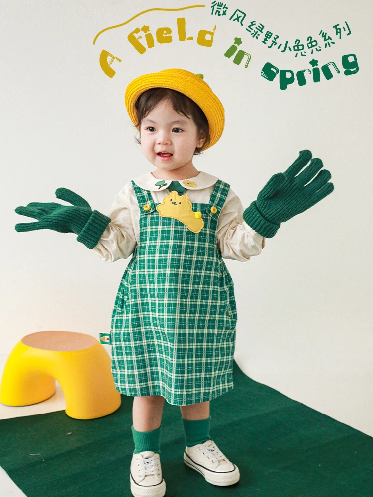 

Весеннее платье в клетку для девочек, милое свободное повседневное регулируемое платье для девочек с героями мультфильмов