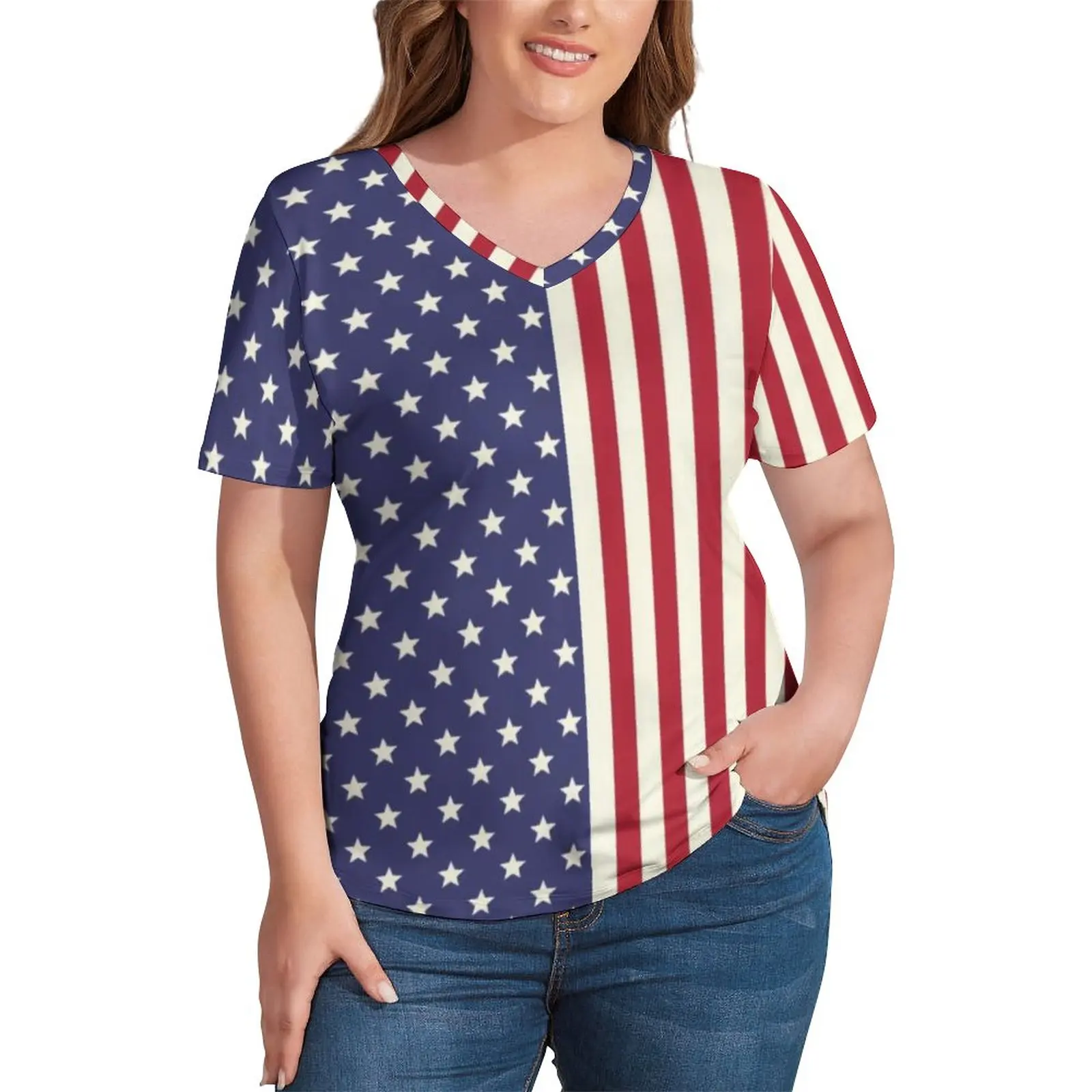

American Flag Patriotic T Shirts Two Tone Stars Print V Neck Casual T Shirt Aesthetic Tshirt Beach Graphic Clothes Plus Size 4XL
