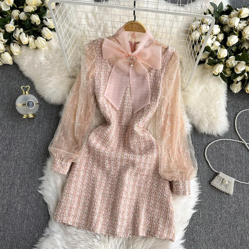 

Small Fragrance Dress Women's Mesh Sequin Stitching Long Sleeve Waist Closing to Show Thin Short Temperament A-line Dress