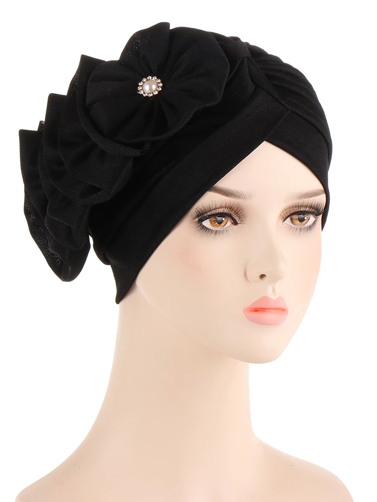

Ramadan Hijab Cap Multicolor Flowers Muslim Hemp Decals Solid Color Fashion Turban Bonnet for Lady Wrap Head Hat