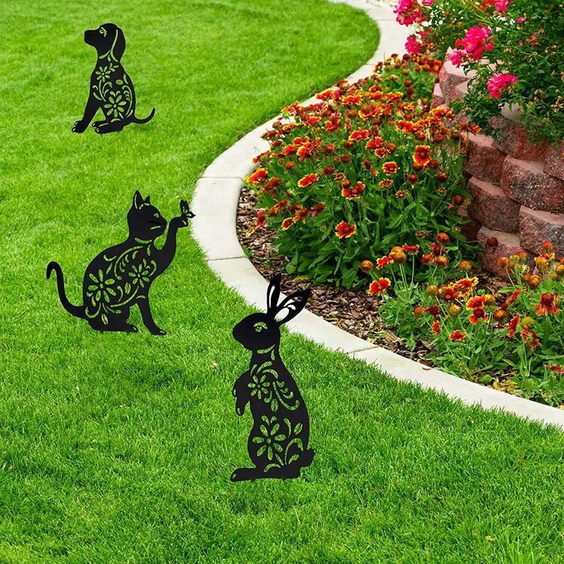 

3 Pieces Animal Silhouette Garden Black Puppy Dog Bunny and Cat Silhouette Stake Decoration for Yard Lawn Garden Outdoor