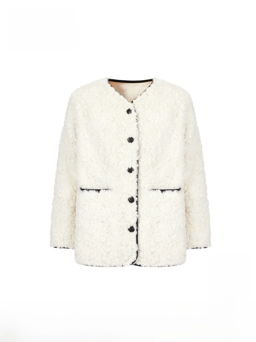 Elva' Island бежевое короткое пальто из искусственного меха ягненка с v-образным