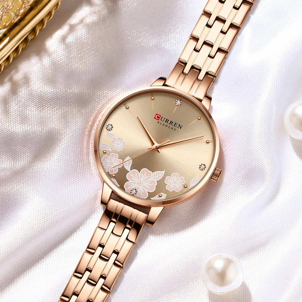 

Часы CURREN, модные кварцевые наручные часы для простых часов, браслет с цветочным дизайном, циферблат, часы из нержавеющей стали для женщин