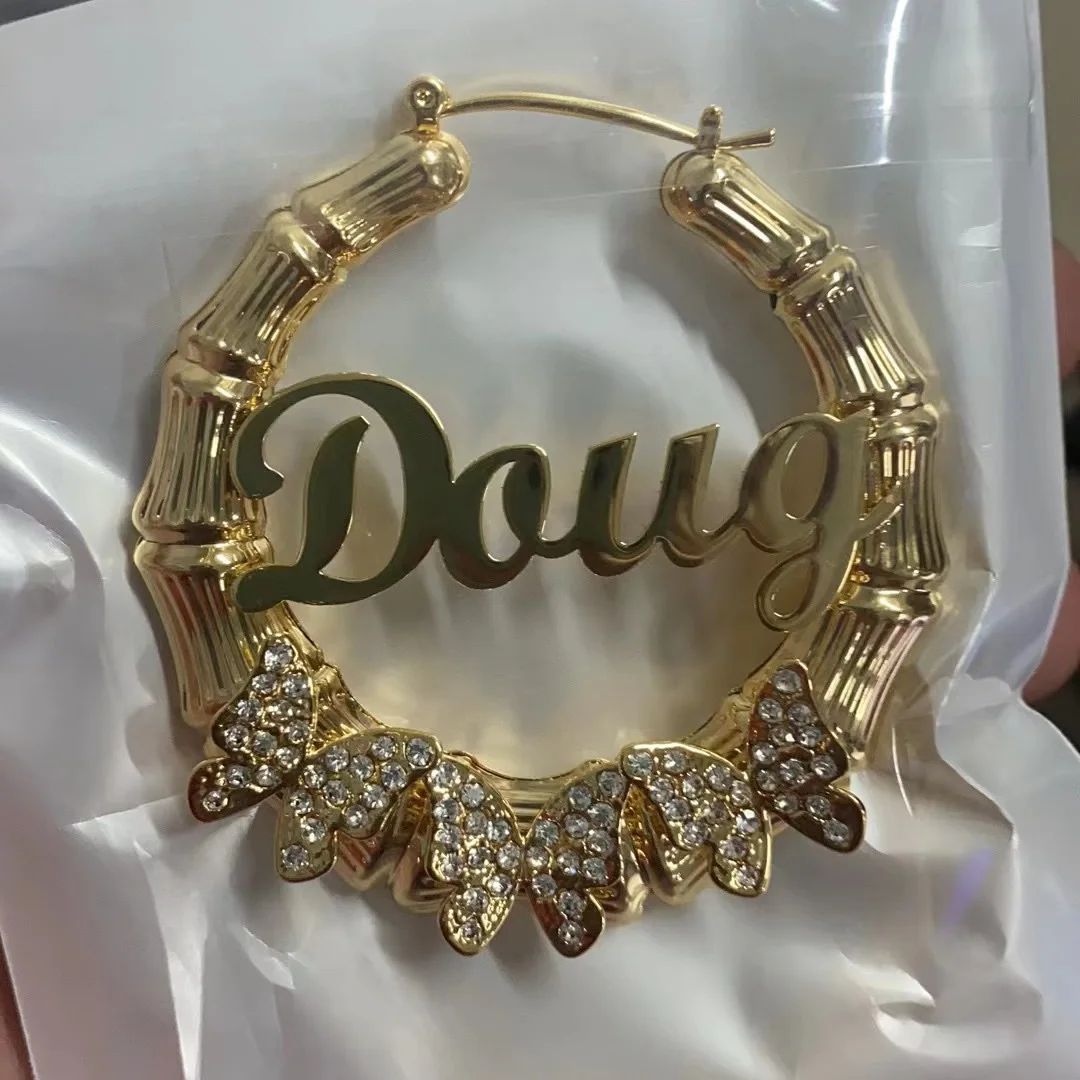 Customized Diamond Butterfly Earrings Custom Name Bamboo Earrings Big Letter Personalised Name Earrings for Women Girls Gift
