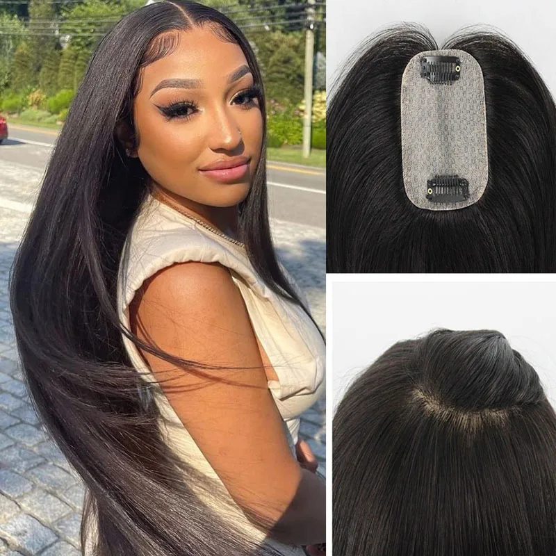 22 inch Soft Skin Base Human Hair Topper With 4 Clips In Silk Top Virgin European Hair Toupee for Women Fine Hairpiece