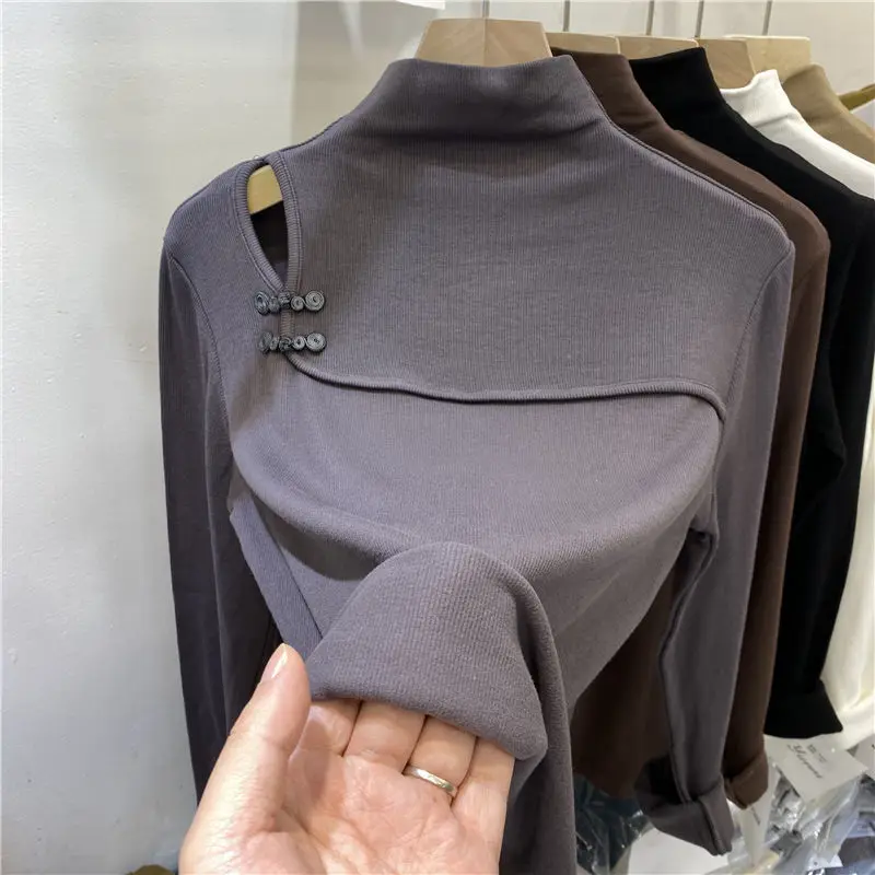 

Women Tshirt Spring Long Sleeve Button Hollow Out Chinese Style Pullovers Solid Temperament Lady Elegant T-shirts Casual Basic