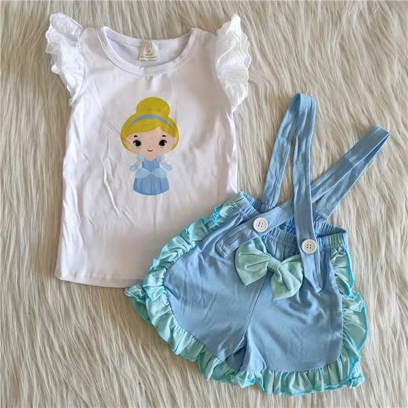 

wholesale boutique girl clothing set smocked children little girl outfit white flutter sleeve print top and blue suspender short