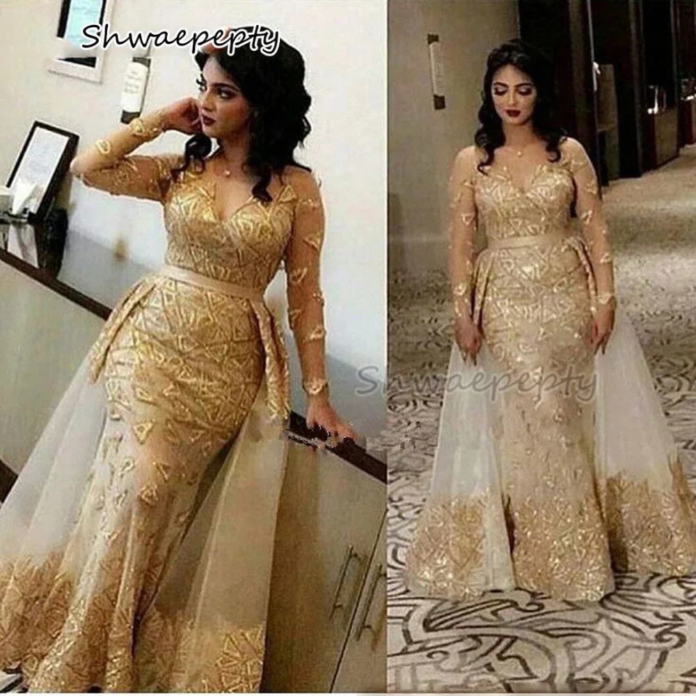 Элегантное арабское золотое вечернее платье в Дубае со съемной юбкой кружевное с