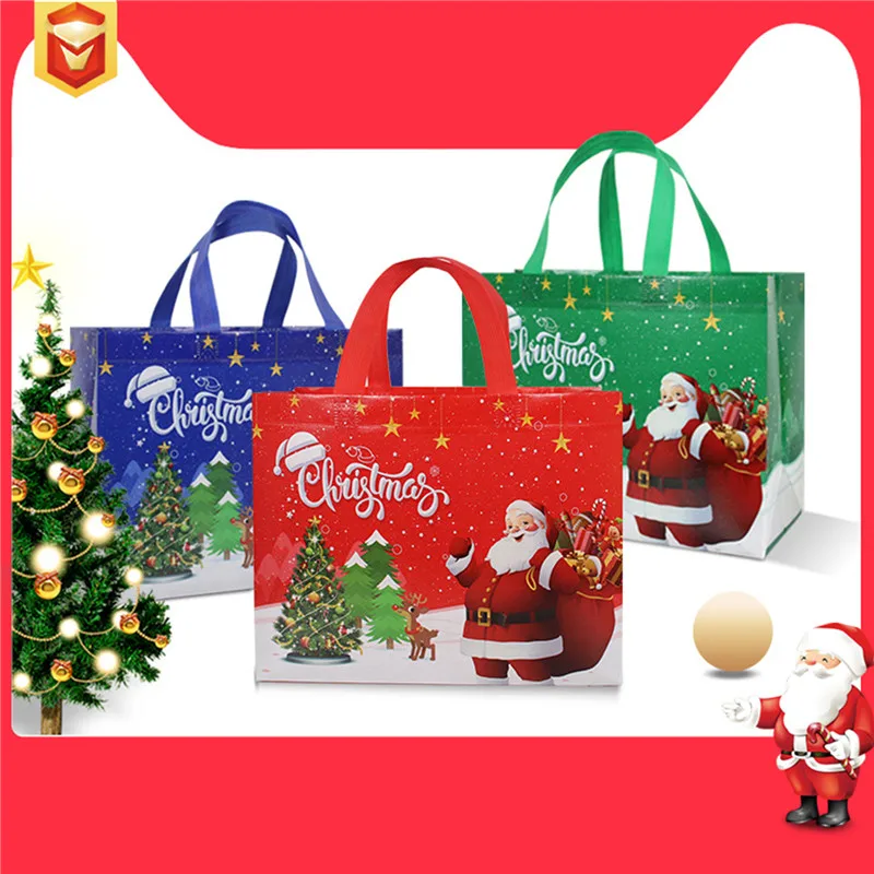 

5pcs Christmas Handbag Non-woven Gifts Bag Storage Bag Cartoon Santa Claus Snowman Print Folding Tote Bag Party Supplies