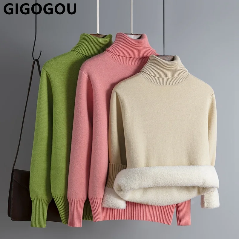 

GIGOGO Autumn Winter Women Plus Velvets Warm Sweater Fashion Knit Thick Turtleneck Jumper Ladys Pullover Sweater Top