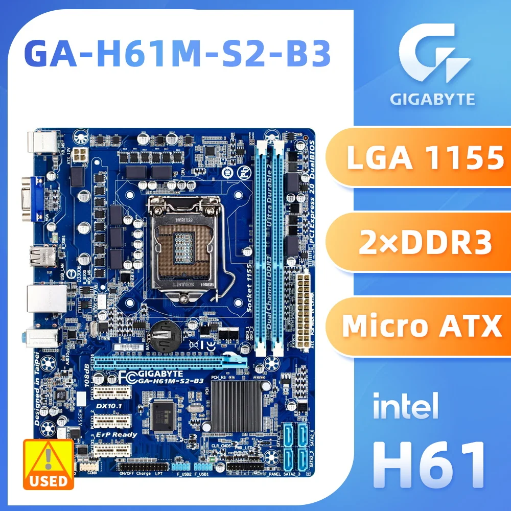 LGA1155 Motherboard Gigabyte GA-H61M-S2-B3 Intel H61 Motherboard Micro ATX 2×DDR3 DIMM 16GB Slot Supports i7 i5 i3 Processor