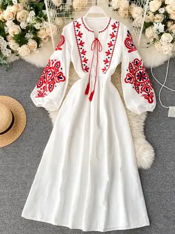 Women Autumn Dresses Bohemian Embroidered Flower O-Neck Lantern Sleeve High Waist Pleated Dress All-match Female Vestidos New