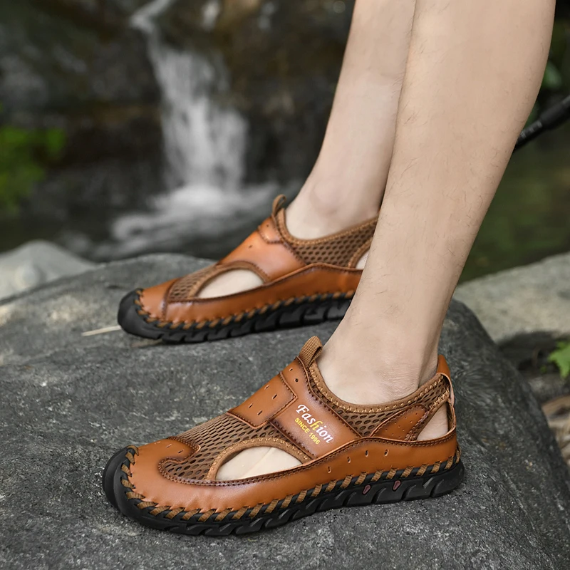 

2023 new sandals men's leather plus size casual shoes Baotou soft-soled cowhide summer breathable beach shoes plus size 47 48