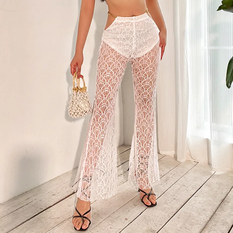 

Lace Chain Flare Pants Women Solid See Through High Waist Sexy Elastic Skinny Trousers Trend Party Street Wild Bottom Baggies