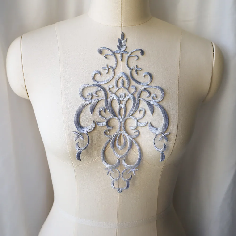 

Silver Baroque Flower Applique Badges Embroidered Bridal Fabric Collar Iron Sew Patch For Wedding Clothes Dress Decor DIY Crafts