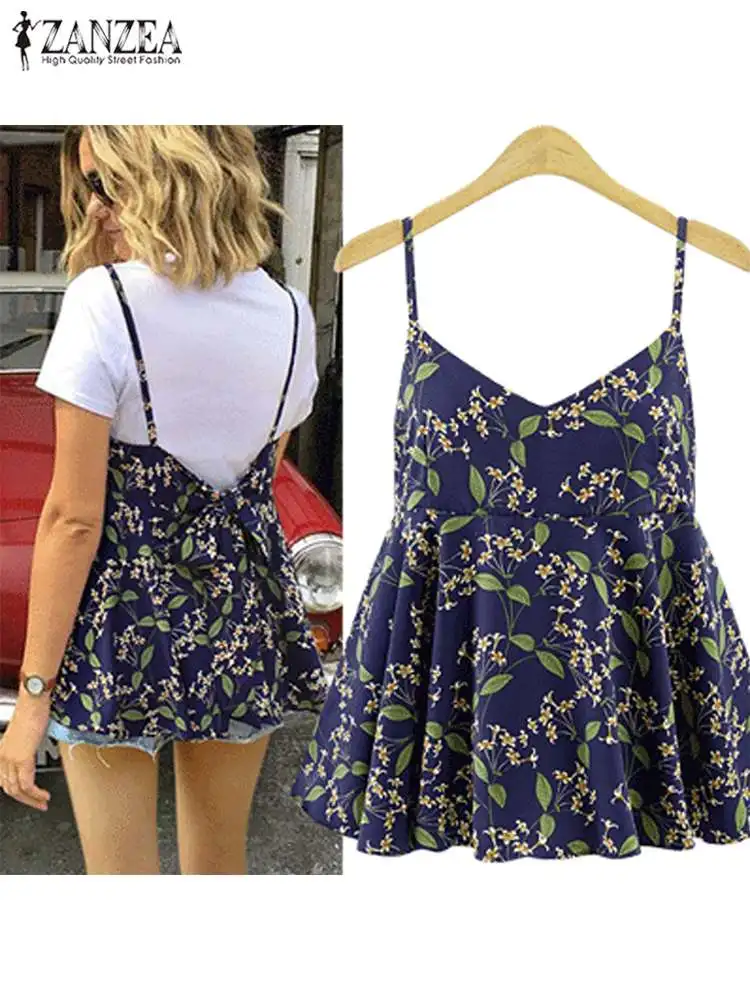 

Богемные праздничные топы тройники ZANZEA Overzized женская летняя майка с v-образным вырезом без спинки с цветочным принтом без рукавов на шнуровк...