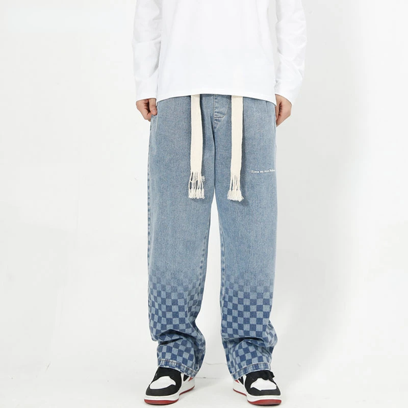 Four Seasons Jeans Men High Street Wash Gradient Plaid Print Wide Leg Pants Street Casual Straight Jeans Streetwear ins Hot Sale