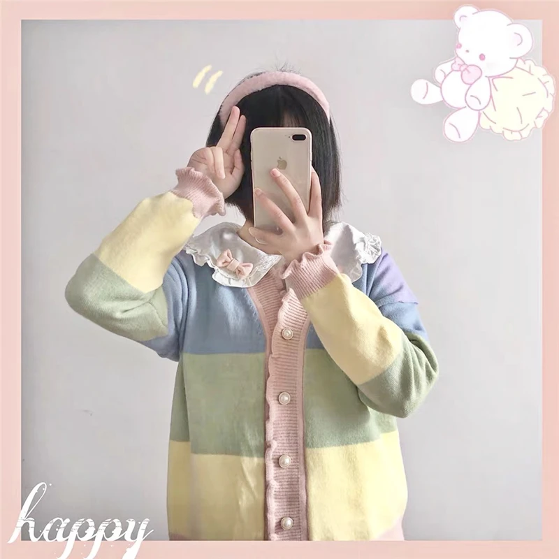 Женский свитер в полоску Mori Girl трикотажный пастельный Свободный кардиган