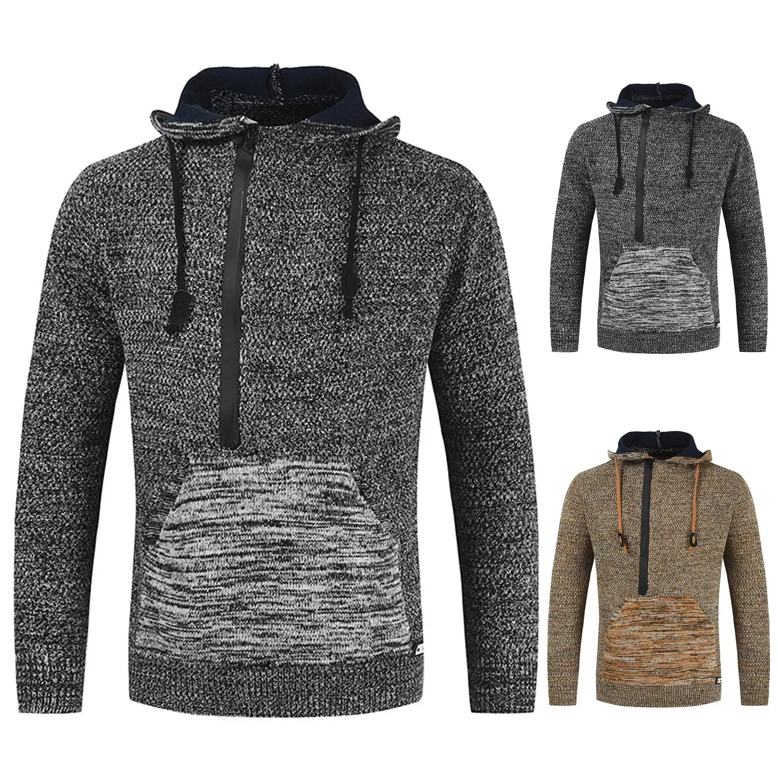 

Мужской цветной Свитер, пуловер с капюшоном, вязаный Свитер с карманами, высокое качество, простой Свитер