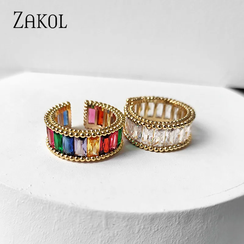 

ZAKOL Hot Sale Luxury Square Stone Cubic Zirconia Gold Color Open Resizable Rings for Women Jewellery RL440