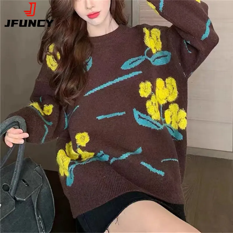 

JFUNCY Women's Vintage Pullover Knitted Sweaters 2022 Winter Long Sleeve Tops Women Knit Jumper Korean Fashion Female Knitwear