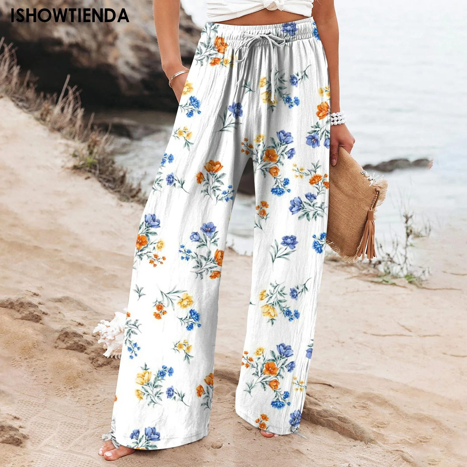 

Flower Plant Print Straight Pants With Pockets 2023 New Casual Elastic Lace Up Long Pants Female High Waist Loose Wide Leg