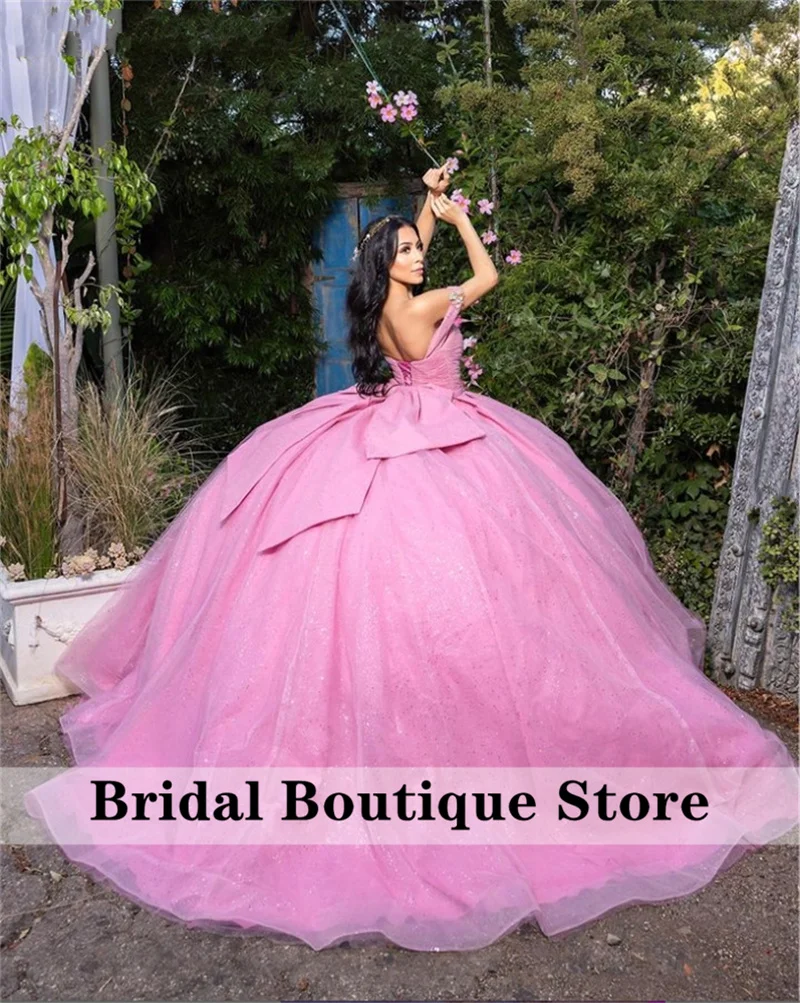 

New Pink Princess Quinceanera Dress With Bow Ball Gown Appliques Beads Crystals Pageant Sweet 15 Birthday Wedding Prom Party