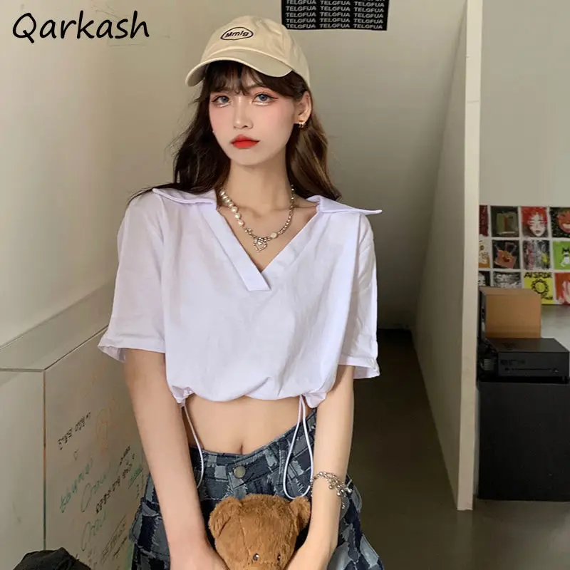 

Short Sleeve T-shirts Women Summer Crop Top Mujer V-neck Street Drawstring White Harajuku Vintage Korean New Arrival Students