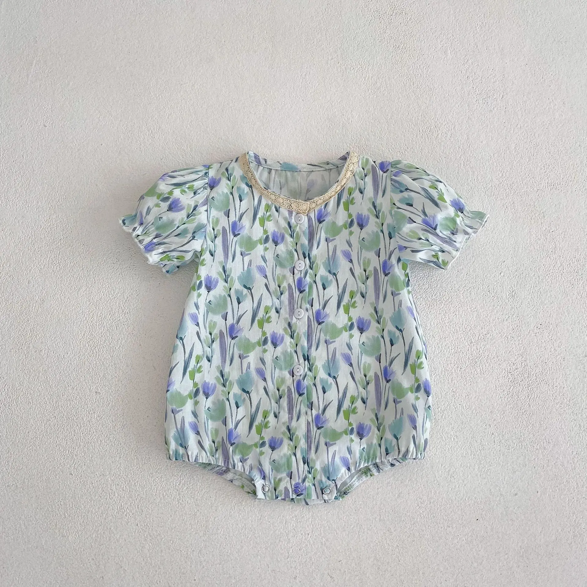 

Summer Girl Baby Cardigan Flower Print Princess Bodysuit Infant Fashion Lace Ruffle Puff Sleeves Onesie Toddler Cotton Romper