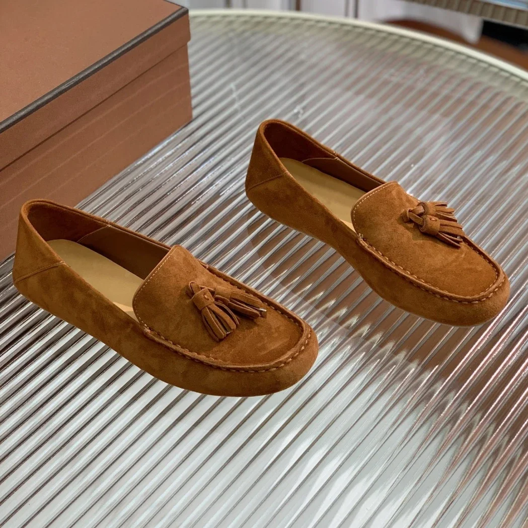 

Genuine leather flat bottomed walking casual shoes, 2023 summer new style Tassel Lefu shoes, driver's bean shoes, women's shoes