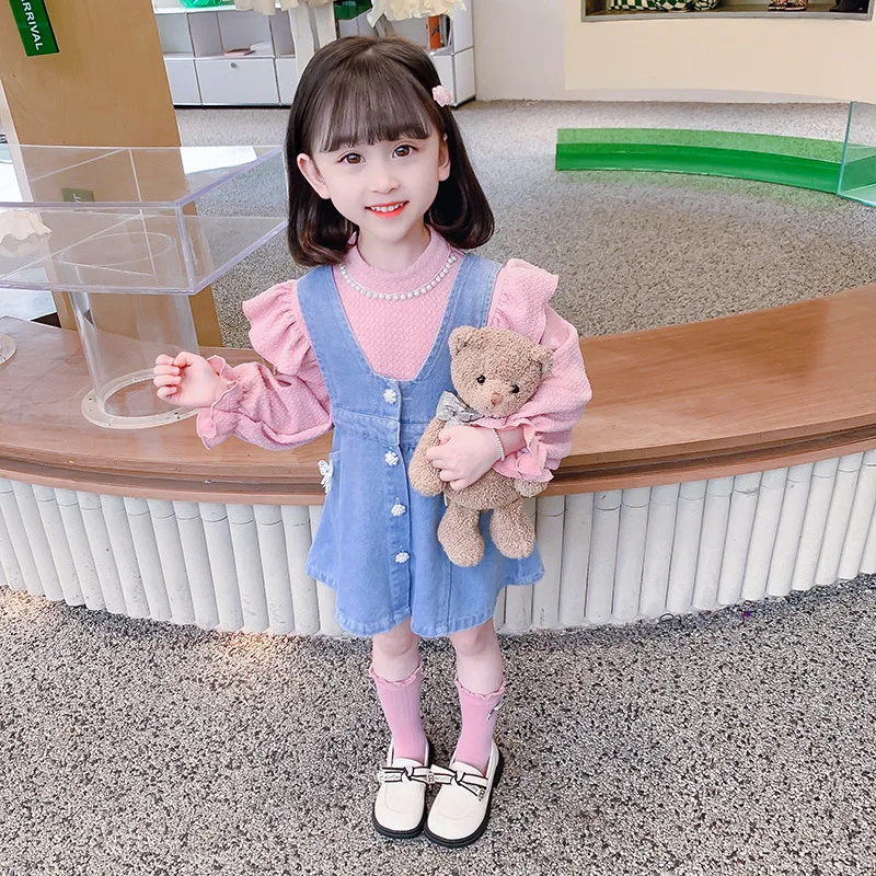 

Детская одежда для девочек, новинка 2022, джинсовое платье для маленьких девочек, корейская мода, принцесса с пышными рукавами, милая модная п...