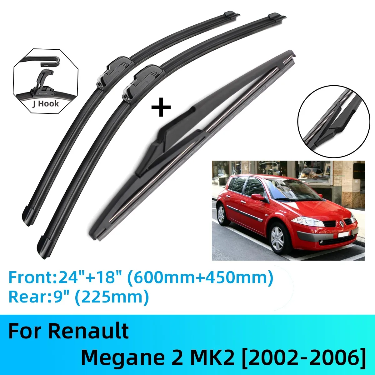 

For Renault Megane 2 Front Rear Wiper Blades Brushes Cutter Accessories J U Hook 2002-2006 2002 2003 2004 2005 2006
