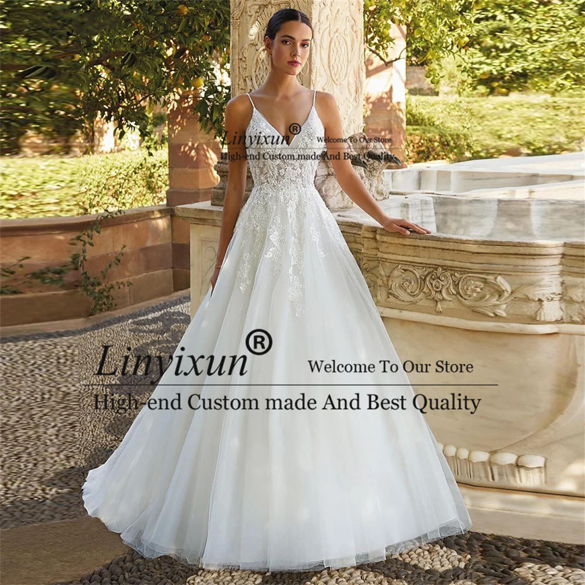 Suknie ślubne Boho A Line Appliques Lace V-Neck Beach Bridal Gowns Backless Long Princess Court Train robe de mariée