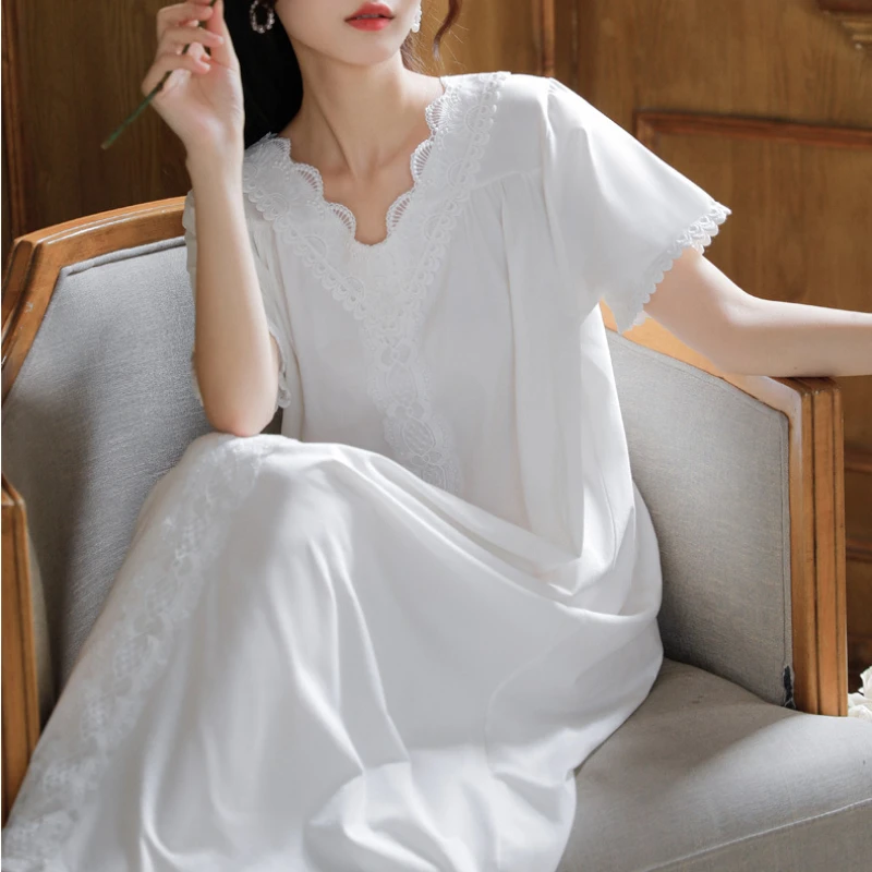 

Women Cotton Long Night Dress Fairy White Short Sleeve Loose Robe Peignoir Vintage Lace Victorian Nightgowns Princess Sleepwear