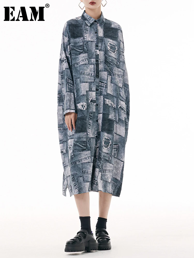 

[EAM] Women Black Printed Big Size Midi Shirt Dress New Lapel Long Sleeve Loose Fit Fashion Tide Spring Autumn 2023 1DH0515