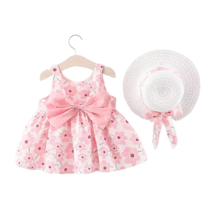 

2Pcs Cute Summer Clothes Baby Girl Beach Dresses Casual Fashion Print Cute Bow Flower Princess Dress+Hat Newborn Clothing Set