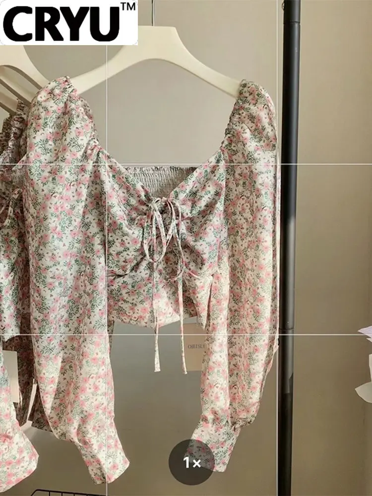 

Romantic Retro Floral Print French Style Women Crop Chiffon Blouses Square Collar Pleated Tie Up Shirt Puff Sleeve Spring Summer