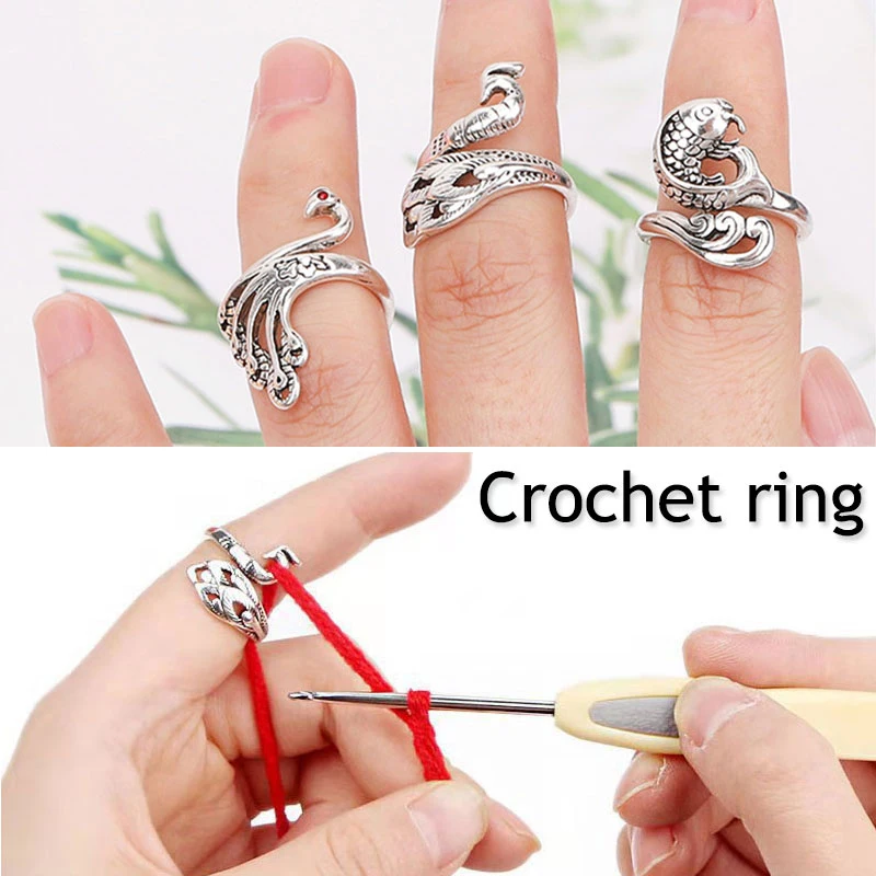 

1PC DIY Multi Style Ring Knitting Loop Crochet Tool Sewing Peacock Fish Ring Finger Thimble Yarn Adjustable Open Fingering Tools