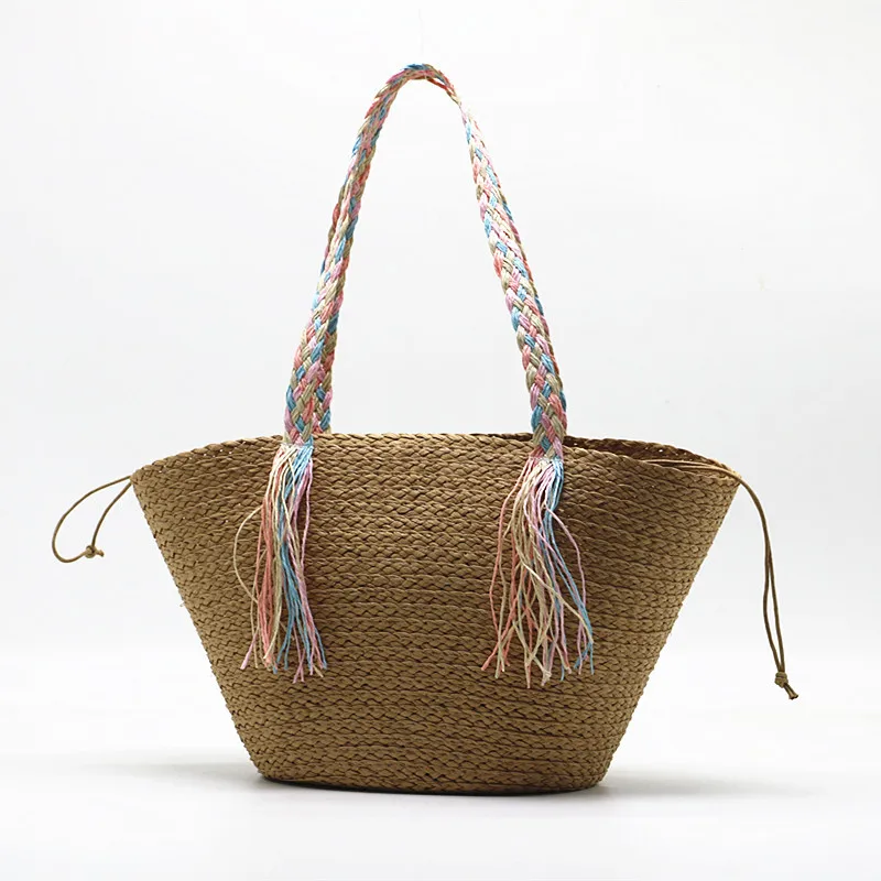 

Summer Ribbon Woven Beach Bags For Women Tassel Portable Straw Bag