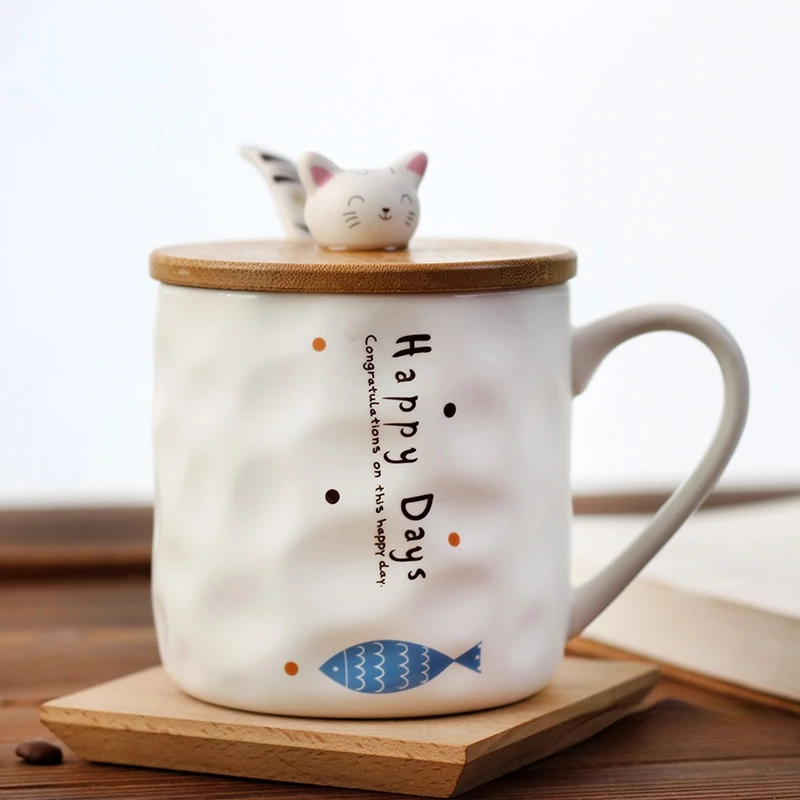 

360ml Japanese Cute Ceramic Cat Coffee Mug with Lid Spoon Business Office Water Cup Student Breakfast Milk Cup Couple Gift Cup
