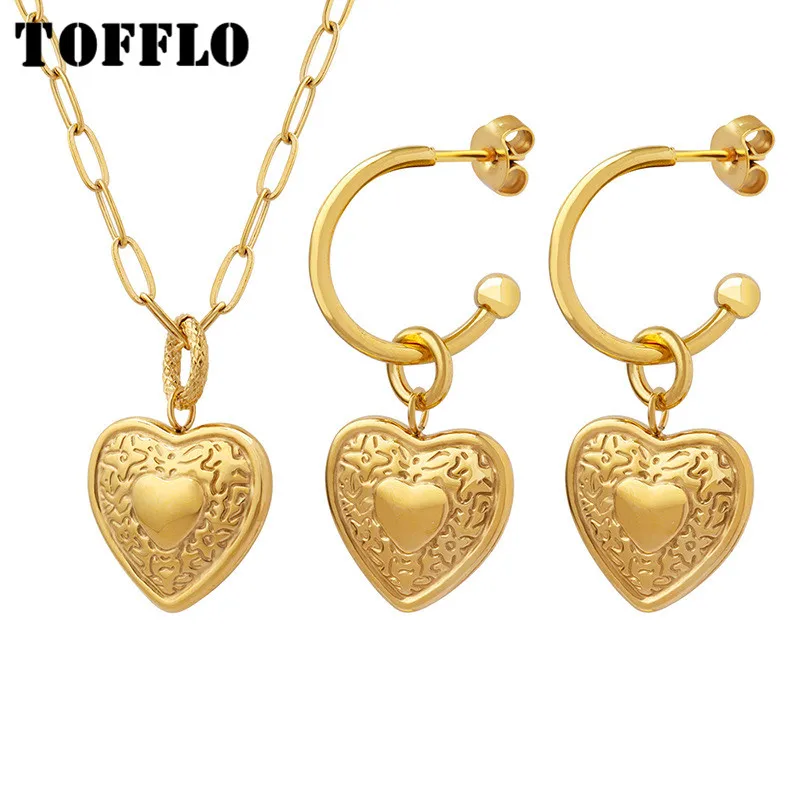 

TOFFLO Stainless Steel Jewelry Peach Heart Necklace Female Fashion Collarbone Chain Earring Jewelry Set BSP474-F257