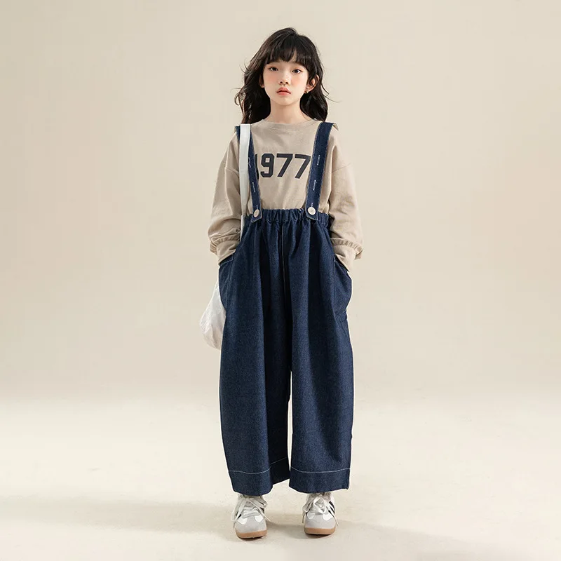 

Teenager Girls Denim Overalls Fashion Blue Loose Casual School Kids Jumpsuit Elastic Waist Spring Children Pants 12 13 14 Years