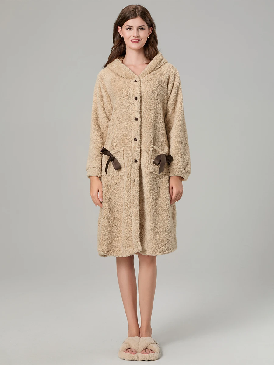 Женский халат на пуговицах с бантом и карманами фланелевой капюшоном для отеля