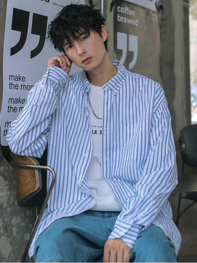 

SYUHGFA 2022 Spring Autumn New Turn Down Collar Long Sleeve Shirt Single Pocket Loose Casual Shirts Korea Tops Men Clothing