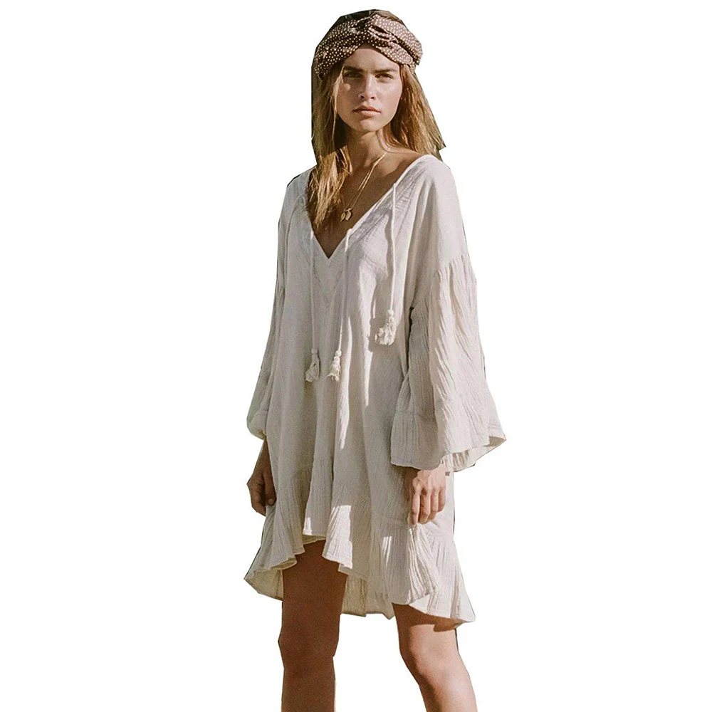 

Fashion Women Irregular Hem Midi Dress Sexy V Neck Tassel Cotton Loose Dresses Female Holiday Party Long Sleeve Ladies Vestidos